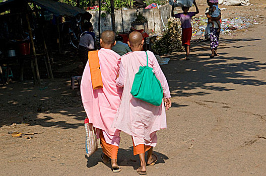 缅甸,巴格,穿,粉色,走,并排