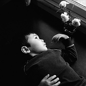 男孩,卧,靠近,花瓶,玫瑰,凝视,室外,窗户