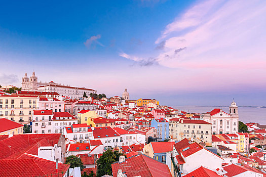 阿尔法马区,景色,日落,里斯本,葡萄牙