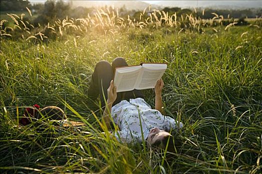 女人,卧,草丛,读