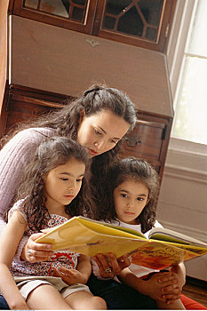 母亲,读,故事,双胞胎,女儿