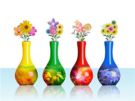 花,花瓶,收集,不同,彩色,隔绝,白色背景,背景