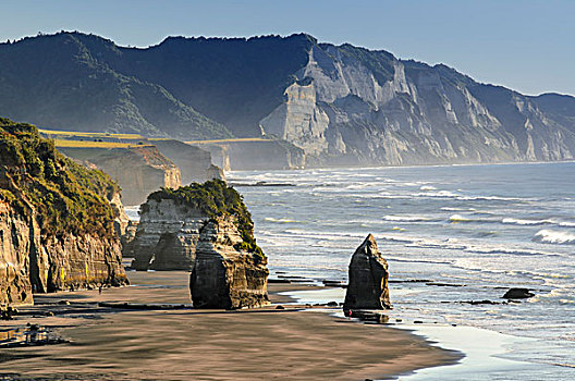 白色,悬崖,海滩,退潮,石头,海浪,塔拉纳基,北岛,新西兰
