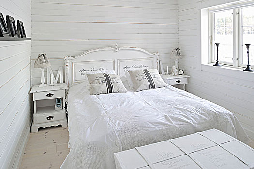 装饰,双人床,床头柜,纯,白色,卧室,斯堪的纳维亚,木屋