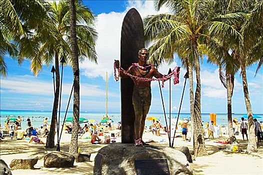 夏威夷,瓦胡岛,怀基基海滩,雕塑,正面,海滩,公园