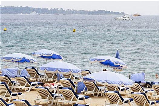 休闲椅,沙滩伞,海滩,戛纳,法国