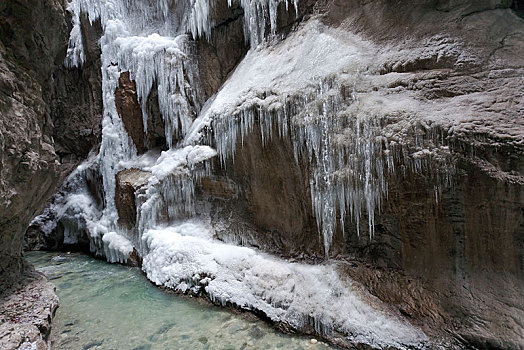 峡谷,冰柱,冬天,加米施帕藤基兴,上巴伐利亚,巴伐利亚,德国,欧洲