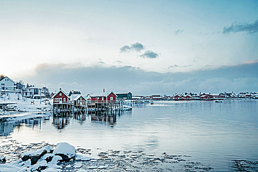 平和,风景,雪,水岸,渔村,瑞恩,罗浮敦群岛,挪威