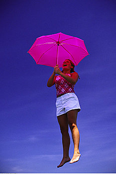 女青年,拿着,伞,跳跃,空中