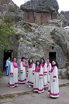 亚美尼亚,靠近,埃里温,古老,亚美尼亚人,寺院,雕刻,石头,女人,合唱团
