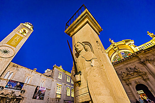 奥兰多,柱子,教堂,杜布罗夫尼克,钟楼,广场,黄昏,达尔马提亚,克罗地亚