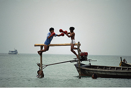 男孩,拳击,平衡木,国家公园,泰国
