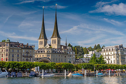 相似,尖顶,教堂,湖岸,国家,码头,湖,卢塞恩市,瑞士