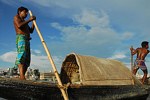 船,男人,操纵,河,达卡,孟加拉,八月,2006年