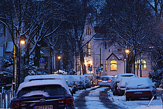 积雪,停车,老,不莱梅,房子,黄昏,德国,欧洲