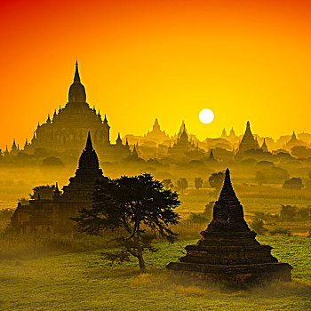 风景,许多,塔,晨雾,日出,朴素,蒲甘,曼德勒省,缅甸,亚洲