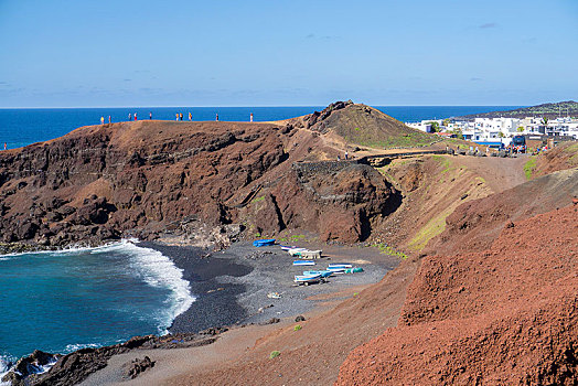 火山岩,海滩,靠近,渔村,埃尔格尔奉,兰索罗特岛,加纳利群岛,西班牙,欧洲