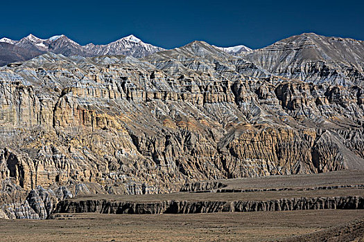 山,岩石构造,积雪,侵蚀,风景,不同,彩色,矿物质,构图,地形,莫斯坦王国,喜马拉雅山,尼泊尔,亚洲