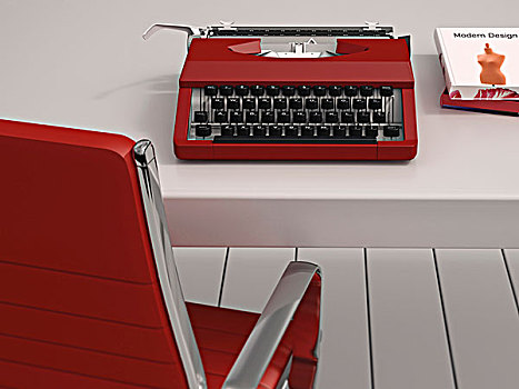电脑插画,书桌,红色,椅子,打字机,书本