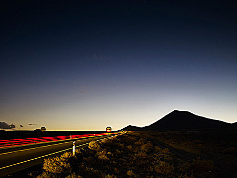 公路,尾灯,小路,黎明,兰索罗特岛,西班牙