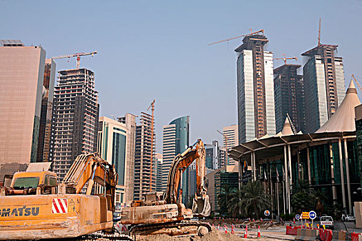 修路,挖,机械,户外,城市,中心,购物中心,看,巨大,高层建筑,施工,卡塔尔,海湾,阿拉伯,紧握,建筑,狂怒