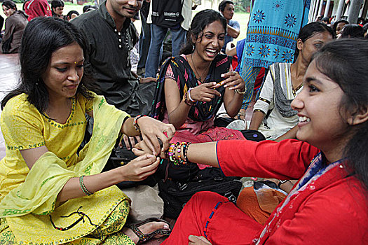 达卡,大学生,朋友,穿戴,手腕,带,友谊,白天,孟加拉,八月,2008年