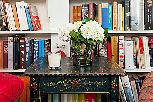 花瓶,八仙花属,边桌,花,田园风情,描绘,正面,合适,书架