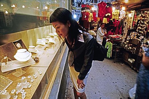 香港,中国人,女人,看,饰品,展示,市场
