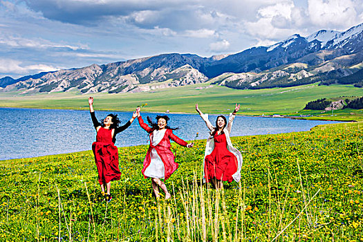 新疆,野花,湖泊,女孩