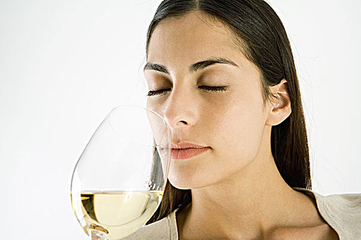 女人,嗅,玻璃杯,白葡萄酒,闭眼