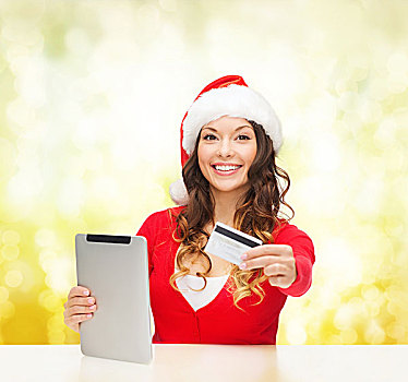 圣诞节,圣诞,网上购物,概念,女人,圣诞老人,帽子,礼盒,平板电脑,电脑,信用卡
