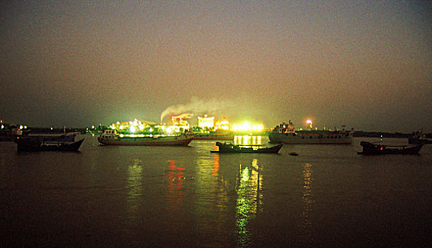 夜景,肥料,公司,相对,堤岸,河,孟加拉,七月,2008年