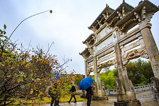 牌楼,石马,传统,历史,安徽,泾县,桃花潭,小溪,徽居,古韵,山水,早晨