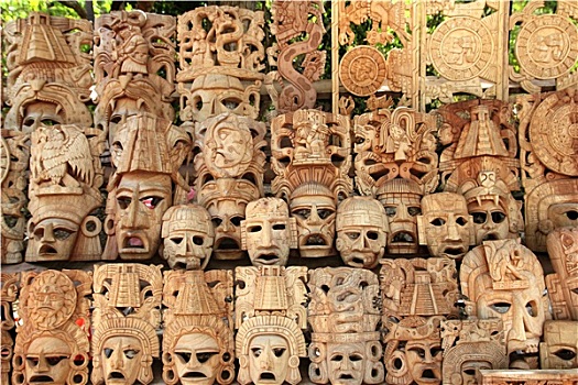 玛雅,木头,面具,排,墨西哥,手工艺,脸
