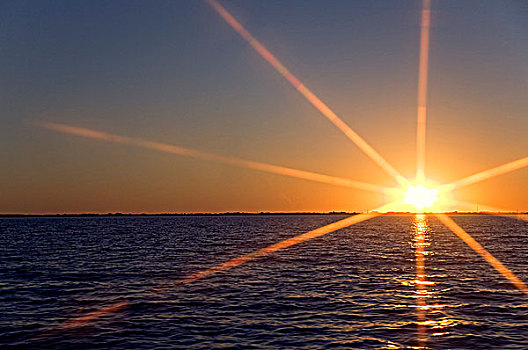 日落,远景,伊利湖