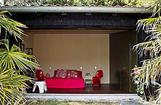 花园,现代,卧室,双人床,彩色