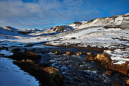 冰岛,山谷,雪山,地热,春天