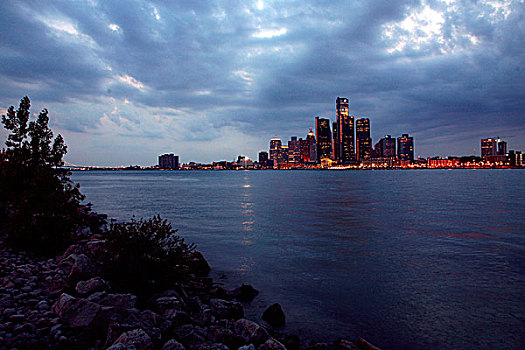 市区,底特律,天际线,黄昏,河