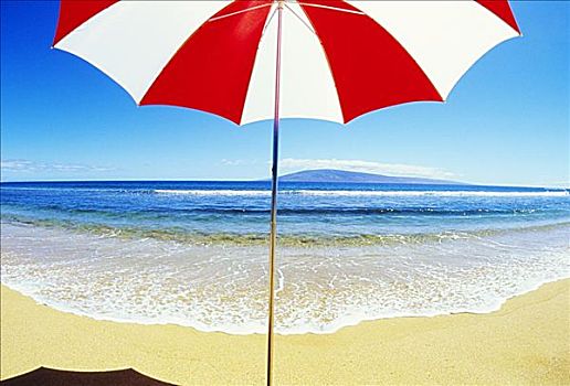 红色,白色,伞,海滩,蓝天,海洋