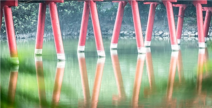 特写,木质,红色,桥,水,背景