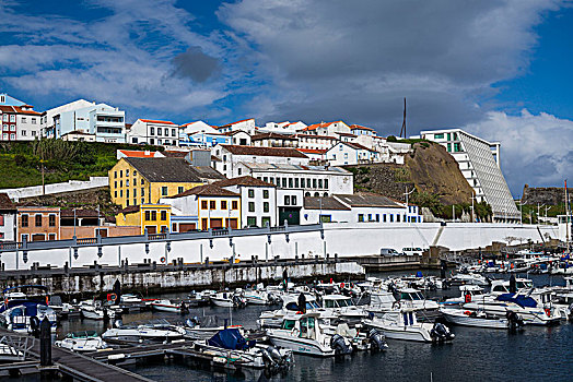 葡萄牙,亚速尔群岛,岛屿,俯视图,水岸,码头,酒店