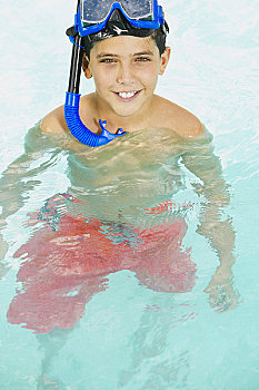 肖像,男孩,潜水面罩,头部,游泳池