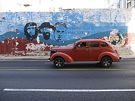 美洲,旧式,汽车,驾驶,墙壁,格瓦拉,哈瓦那,古巴,拉丁美洲