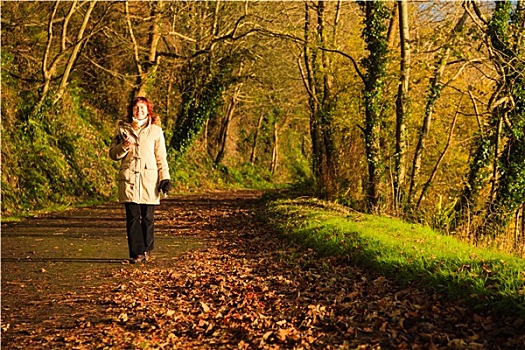 女人,走,放松,秋天,公园,科克市,爱尔兰