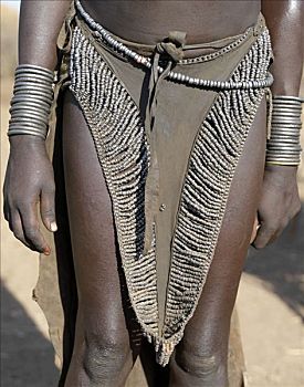 皮裙,女孩,装饰,金属,珠子,一个,部落,人,生活方式,奥莫河,埃塞俄比亚西南部,形态,局部
