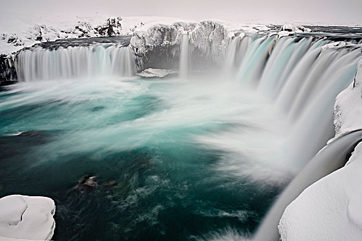 瀑布,神,神灵瀑布,冬天,冰雪,区域,北方,冰岛,欧洲