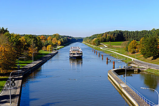 河,游船,水闸,靠近,湖,中间,弗兰克尼亚,巴伐利亚,德国,欧洲