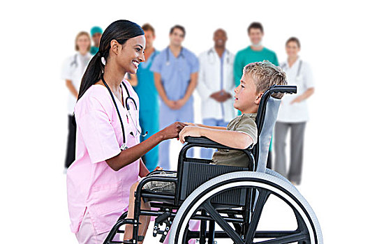 护理,交谈,小男孩,轮椅,医务人员,背景