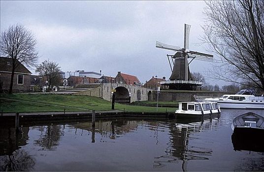 运河,船,弗里斯兰省,荷兰,欧洲