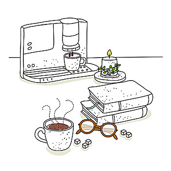 插画,咖啡杯,咖啡机
